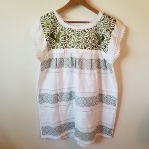 VINTAGE Mexican Embroidered Green & White Dress